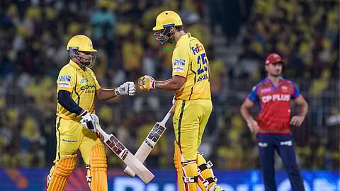 Chennai: Chennai Super Kings' Sarfaraz Khan, left, and Shivam Dube greet each other between the wickets during an Indian Premier League (IPL) 2026 T20 cricket match between Chennai Super Kings and Punjab Kings, in Chennai, Tamil Nadu, Friday, April 3, 2026.