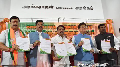 BJP state unit in-charge Piyush Goyal releasing the party's white paper on the State's finances at an event in Kamalalayam on April 4