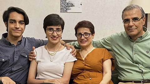 This 2023 photo provided by Mehraveh Khandan shows, from left, Nima Khandan, Mehraveh Khandan, Nasrin Sotoudeh and Reza Khandan in their home in Tehran.