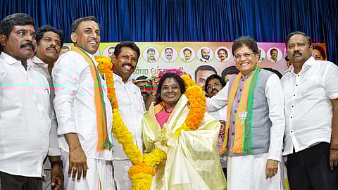 BJP leader Piyush Goyal with the party's Mylapore candidate Tamilisai Soundararajan at Muthamizh Mandram in RA Puram on Sunday