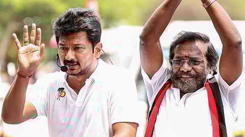 Tamil Nadu Deputy Chief Minister Udhayanidhi Stalin, left, during an election campaign for the upcoming Assembly elections in support of alliance party candidate and Mukkulathor Pulipadai chief Karunas Thevar, in Tamil Nadu, Saturday, April 4, 2026