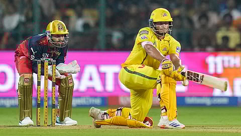 Chennai Super Kings' Prashant Veer plays a shot during an Indian Premier League (IPL) 2026 T20 cricket match between Royal Challengers Bengaluru and Chennai Super Kings, in Bengaluru, Karnataka, Sunday, April 5, 2026
