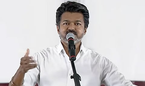 Actor and TVK founder Vijay addressing a campaign rally at KTC Nagar in Tirunelveli