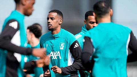 Liverpool's Alexander Isak attends a training session in Liverpool, England, Tuesday April 7, 2026.