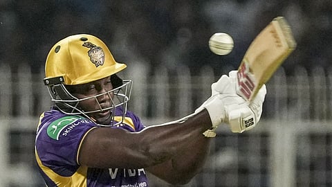 Rovman Powell plays a shot during an Indian Premier League (IPL) 2026 T20 cricket match between Lucknow Super Giants and Kolkata Knight Riders, at Eden Gardens, in Kolkata