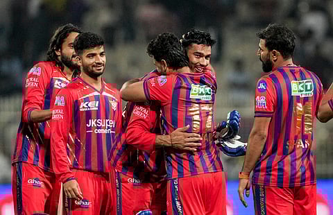 Lucknow Super Giants' Mukul Choudhary celebrates with teammates after the team's victory during an Indian Premier League (IPL) 2026 T20 cricket match between Lucknow Super Giants and Kolkata Knight Riders, at Eden Gardens, in Kolkata, Thursday, April 9, 2026.