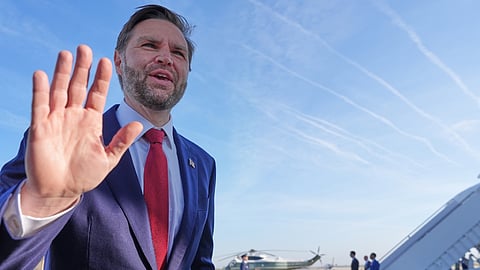 Vice President JD Vance speaks to the press before boarding Air Force Two, Friday, April 10, 2026, at Joint Base Andrews, Md., for expected departure to Pakistan, for talks on Iran