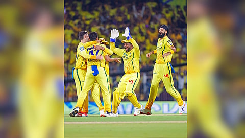 The super kings players celebrating their first victory of the season against the Delhi Capitals