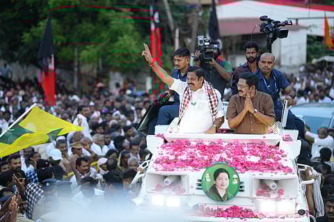 AIADMK general secretary Edappadi Palaniswami campaigns alongside his once archrival TTV Dhinakaran in Thanjavur on Saturday