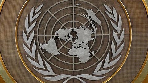 The United Nations logo is seen inside the 79th session of the United Nations General Assembly