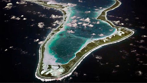 This image released by the U.S. Navy shows an aerial view of Diego Garcia in the Chagos Island group.