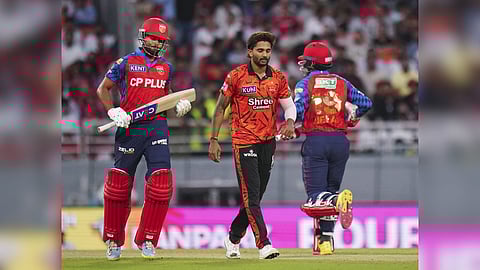 Punjab Kings' captain Shreyas Iyer, left, and Nehal Wadhera, right, run betweent the wickets during the Indian Premier League (IPL) 2026 cricket match between Punjab Kings and Sunrisers Hyderabad, at MYS Cricket Stadium in Mullanpur