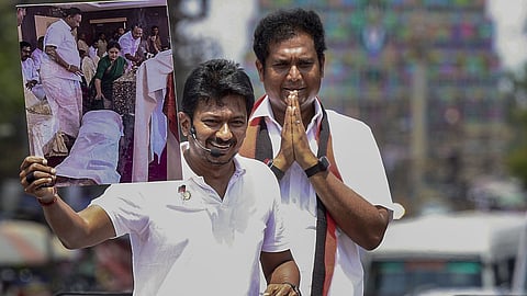 Tamil Nadu Deputy Chief Minister Udhayanidhi Stalin during a roadshow in support of DMK candidate from Mannargudi constituency, TRB Rajaa, ahead of the state Assembly elections, in Thiruvarur