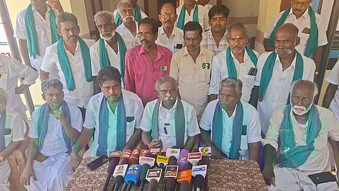Farmer leader PR Pandian speaking during a discussion meeting in Mayiladuthurai on Tuesday