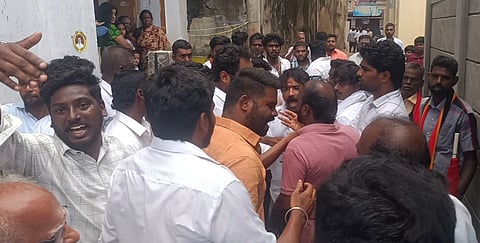 Video grab of the verbal quarrel between DMK and TVK cadre, which turned physical later