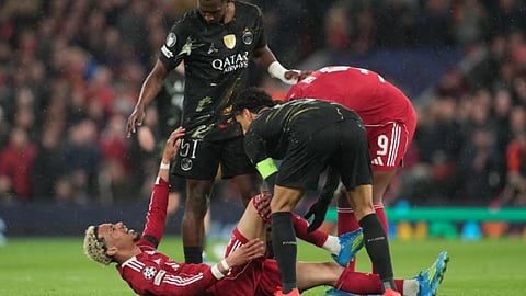 France striker Hugo Ekitikehurt his right leg when he slipped in the 27th minute of the second-leg match at Anfield