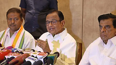 Former union minister P Chidambaram addressing the media in Coimbatore