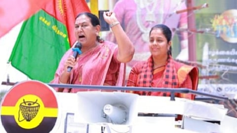 DMDK leader Premalatha campaigning in Tiruparankundram on Friday
