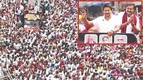 Deputy Chief Minister Udhayanidhi Stalin addressing a campaign rally in Tirupur
