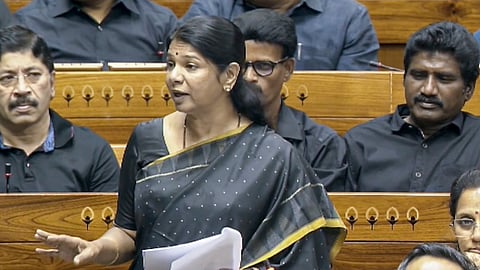 DMK MP Kanimozhi Karunanidhi speaks in the Lok Sabha during the Special session of Parliament, in New Delhi, Friday, April 17, 2026