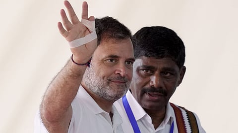 Leader of Opposition in the Lok Sabha Rahul Gandhi greets supporters during a public meeting ahead of the Tamil Nadu Assembly elections, at Ponneri, in Tiruvallur district on April 18