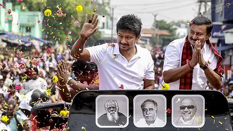 TUdhayanidhi Stalin addresses an election campaign in support of party candidates for Gobichettipalayam and Anthiyur constituencies