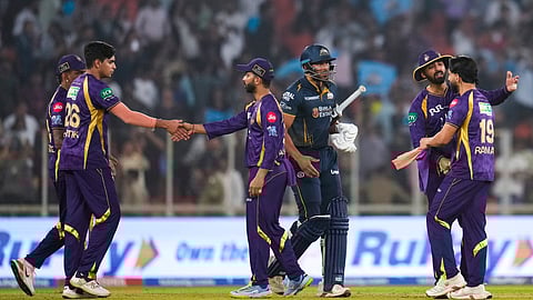 Kolkata Knight Riders' captain Ajinkya Rahane, centre left, Gujarat Titans' Shahrukh Khan, centre right, and others at the end of play during IPL 2026