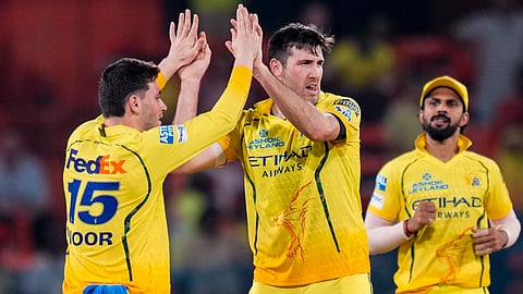 Chennai Super Kings' Noor Ahmad and Jamie Overton celebrate after dismissing Sunrisers Hyderabad's Aniket Verma during the Indian Premier League (IPL) 2026 T20 cricket match between Sunrisers Hyderabad and Chennai Super Kings, in Hyderabad