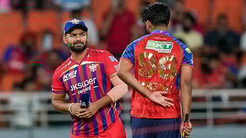 Lucknow Super Giants' captain Rishabh Pant, left, and Punjab Kings' captain Shreyas Iyer during toss ahead of the Indian Premier League (IPL) 2026 T20 cricket match between Punjab Kings and Lucknow Super Giants, in New Chandigarh, Punjab, Sunday, April 19, 2026