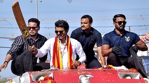 Tamilaga Vettri Kazhagam (TVK) chief Vijay during a campaign ahead of Tamil Nadu Assembly elections, in Tiruchirappalli, Sunday, April 19, 2026