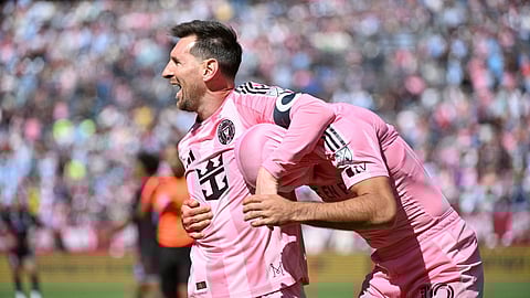 Inter Miami CF forwards Lionel Messi and Germán Berterame celebrate after a goal by Berterame in the first half of an MLS soccer game against
the Colorado Rapids Saturday in Denver.
