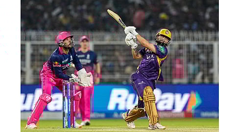 Kolkata Knight Riders' Rinku Singh, right, plays a shot during the Indian Premier League (IPL) 2026 T20 cricket match between Kolkata Knight Riders and Rajasthan Royals, at Eden Gardens in Kolkata, West Bengal, Sunday, April 19, 2026