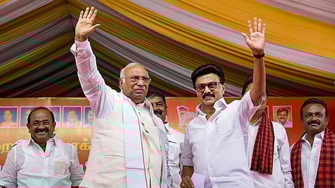Congress President Mallikarjun Kharge, left, along with Tamil Nadu Chief Minister MK Stalin waves at the crowd during a public meeting ahead of state Assembly elections, in Hosur