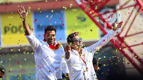 TVK chief actor Vijay campaigning for party leader Aadhav Arjuna in Villivakkam on Monday