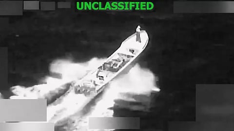 This image from video provided by US South Command, shows a vessel accused of trafficking drugs in the eastern Pacific Ocean shortly before it was destroyed by the US military, killing two and injuring one