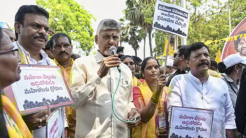 Andhra Pradesh Chief Minister N Chandrababu Naidu joins a protest over the Women's Reservation Bill, in Nidadavolu