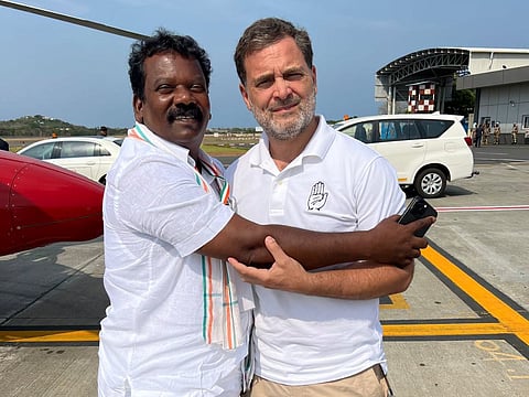 Tamil Nadu Congress Committee (TNCC) president K Selvaperunthagai hugs Congress leader Rahul Gandhi