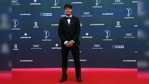 Tennis player Carlos Alcaraz poses as he arrives for the 2026 Laureus World Sports Awards ceremony in Madrid, Spain on April 20