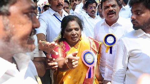 BJP candidate Tamilisai Soundararajan arguing with poll officials, alleging poll code violations in Mylapore on Thursday