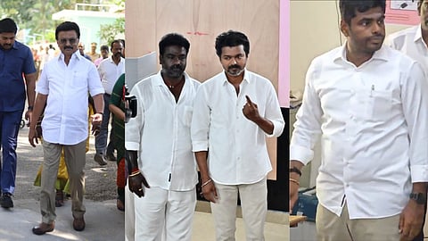 Chief Minister MK Stalin, TVK chief Vijay and BJP leader K Annamalai all donned white and khaki outfits on election day.