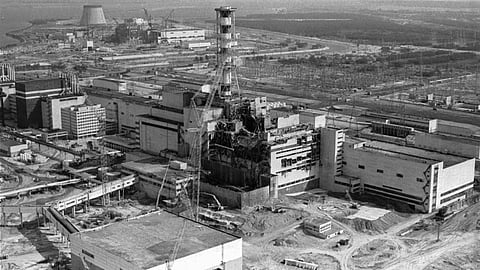 The Chernobyl nuclear plant is seen in an aerial view, showing the damage from an explosion and fire on April 26, 1986, that sent a radioactive plume over Europe.