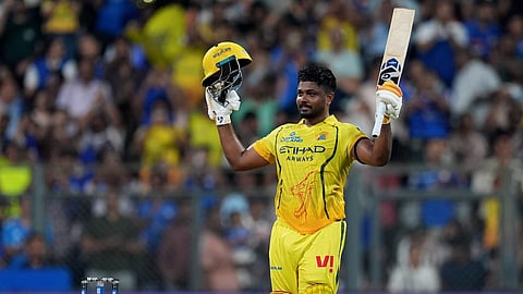 Chennai Super Kings' Sanju Samson celebrates his century during an Indian Premier League (IPL) 2026 T20 cricket match between Mumbai Indians and Chennai Super Kings, in Mumbai, Maharashtra
