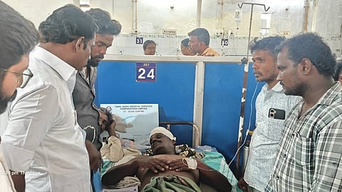 TVK district secretary Vijay Saravanan visits injured Velayudham in Thanjavur on Friday