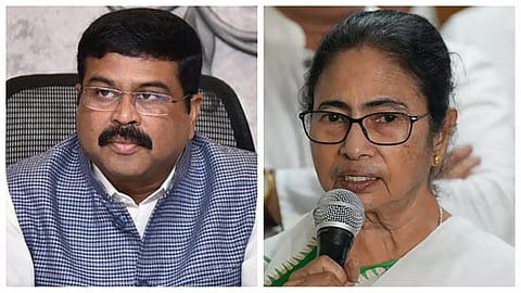 (L) Dharmendra Pradhan, (R) Mamata Banerjee