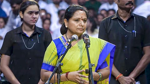 Former Telangana Chief Minister K Chandrasekhar Rao's daughter, K Kavitha addresses the gathering as she launches a political outfit, named 'Telangana Rashtra Sena' (TRS), in Hyderabad.