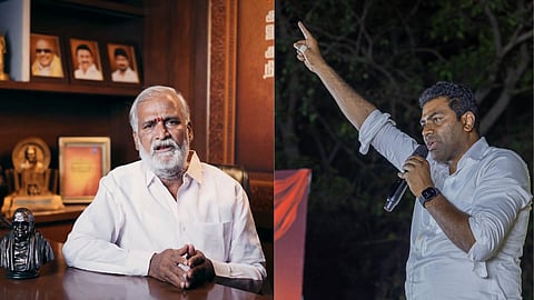 DMK Minister PK Sekarbabu (L), TVK's Aadhav Arjuna (R)
