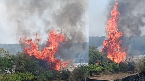 A forest raging at the Maravakandy power house in Gudalur on Monday