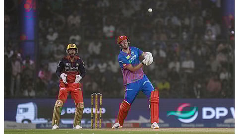 Delhi Capitals' Kyle Jamieson plays a shot during the Indian Premier League (IPL) T20 cricket match between Delhi Capitals and Royal Challengers Bengaluru, in New Delhi, Monday, April 27, 2026