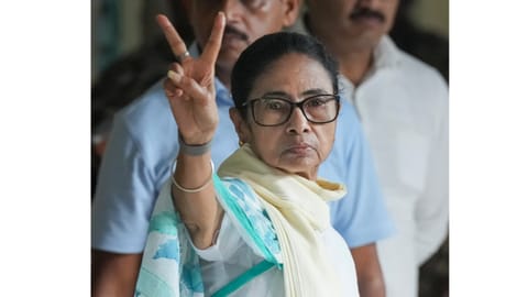 West Bengal Chief Minister and Trinamool Congress (TMC) candidate from Bhabanipur constituency, Mamata Banerjee, shows a victory sign after casting a vote in the second and final phase of the West Bengal Assembly elections, at a polling station in Kolkata, Wednesday, April 29, 2026