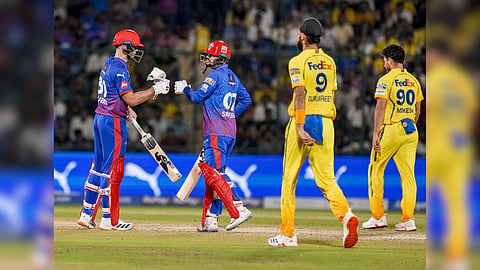 Delhi Capitals' Tristan Stubbs, left, and Sameer Rizvi, second left, during the Indian Premier League (IPL) 2026 T20 cricket match between Delhi Capitals and Chennai Super Kings, in New Delhi